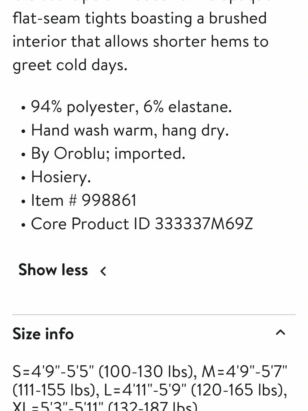 OROBLU Warm and Soft Opaque Black Tights Size M